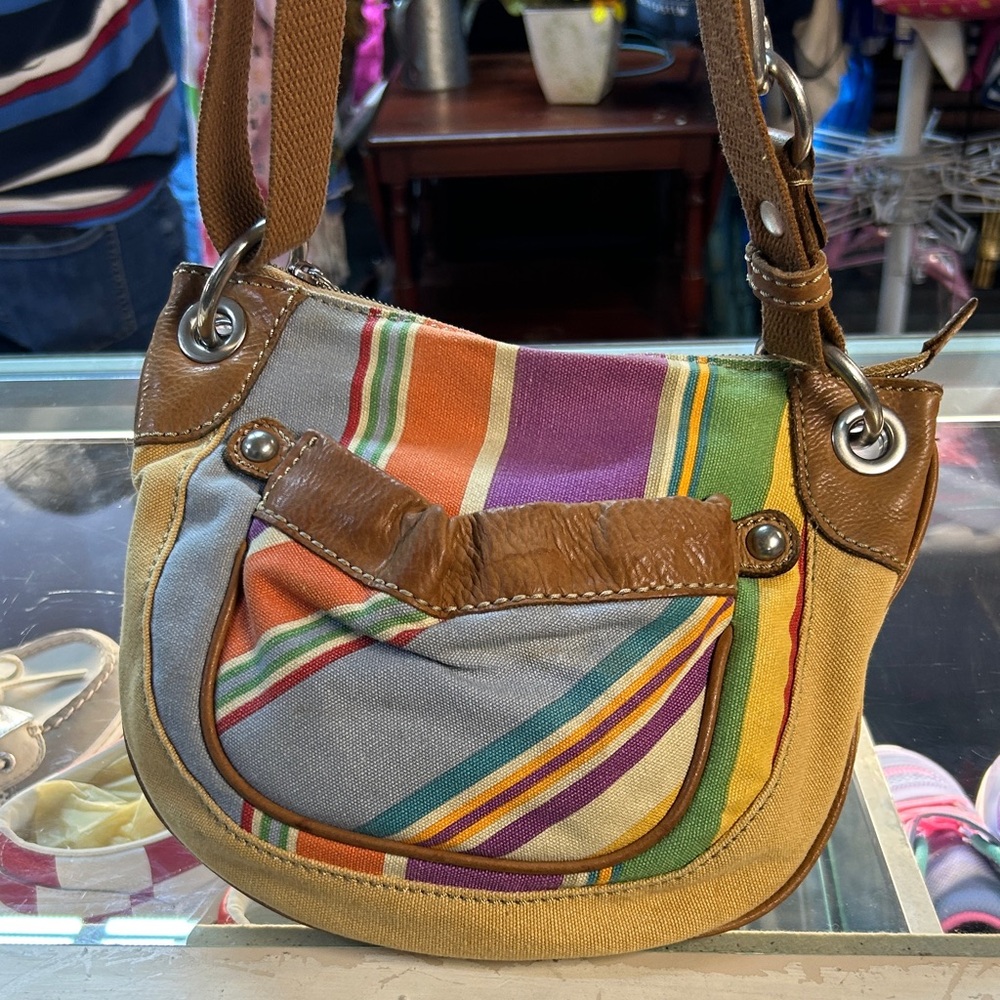 Fossil Multicolor Striped Canvas Shoulder Bag with Brown Trim